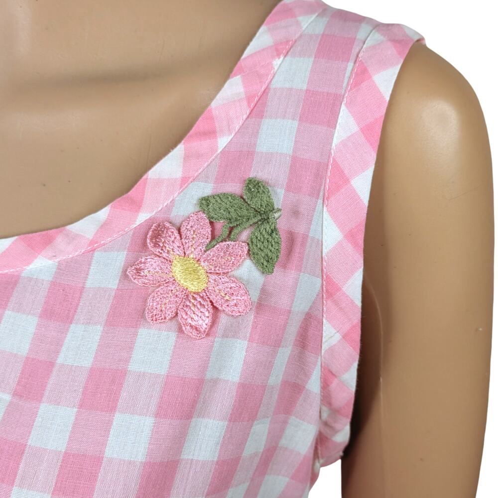 VTG 60s Handmade Gingham Apron Pink White Floral Applique Cottagecore Prairie - Picture 3 of 6